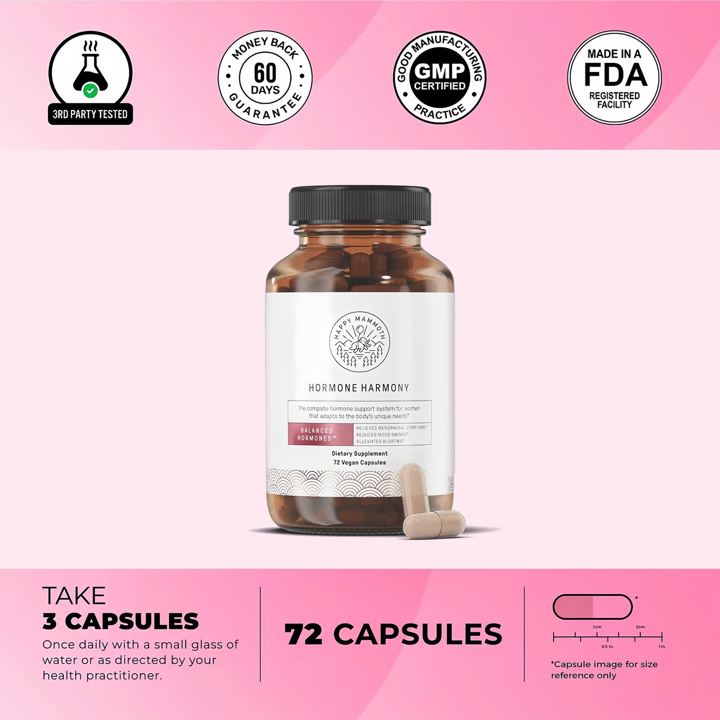 Happy Mammoth **Not Available Hormone Harmony Natural Hormonal Support for Women, Relief for Menopause, Perimenopause, Healthy Hormonal Balance, Hot Flashes. 72 Capsules.